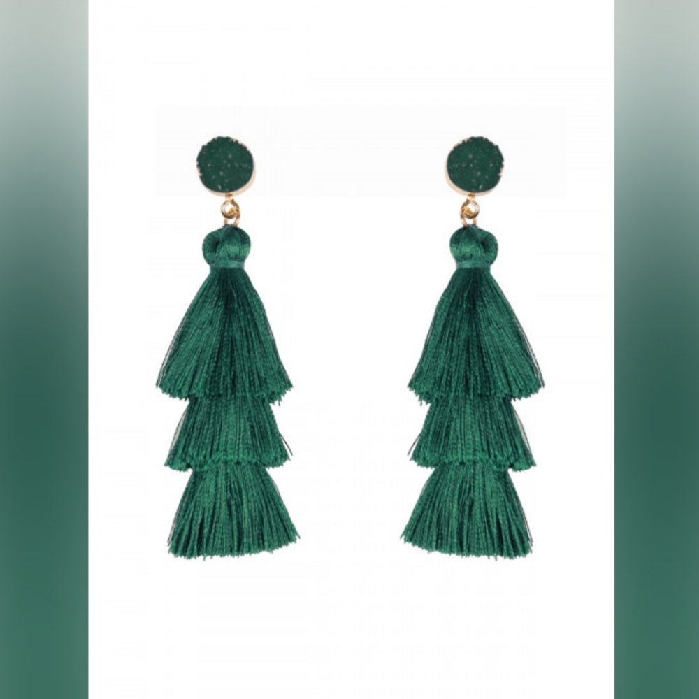 Green Druzy Stone Tassel Earrings